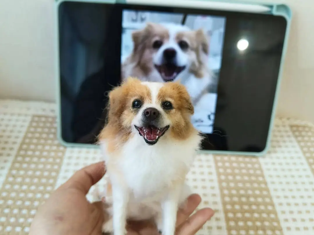Tiny needle-felted wool dog replica held in a hand beside a tablet showing the real dog's photo, a gift for a dog dad